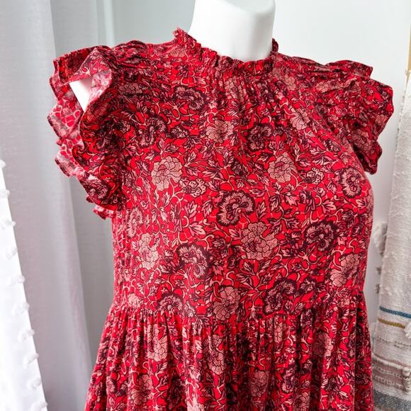 Ulla Johnson Hana Red Floral Mockneck Short Flutter Mini Dress Women’s Size 10 - Picture 3 of 12